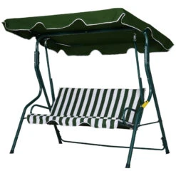 Outsunny 3 Seater Canopy Swing Chair Outdoor Garden Bench With Adjustable Canopy And Metal Frame - Green Stripes