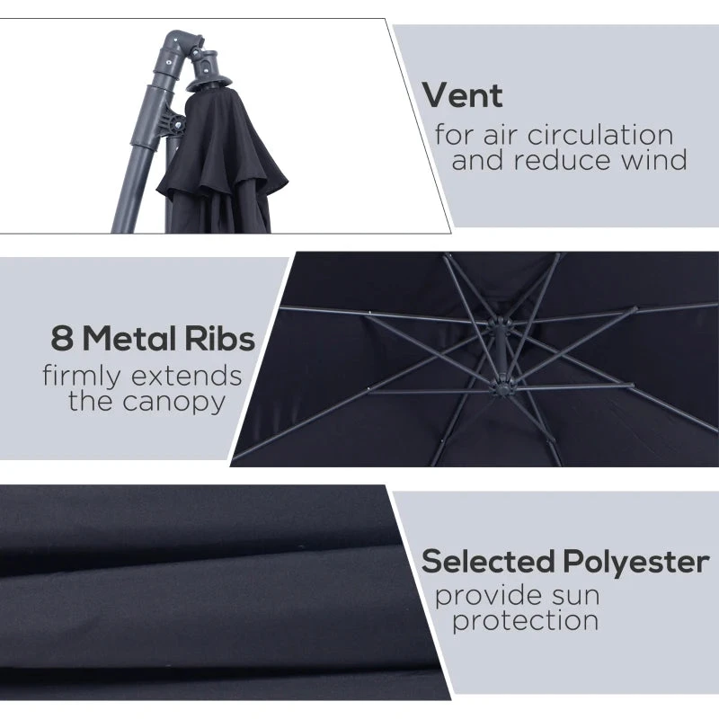 Outsunny Cantilever Banana Parasol 3m - Black 7 Outsunny Cantilever Banana Parasol 3m - Black - Image 7