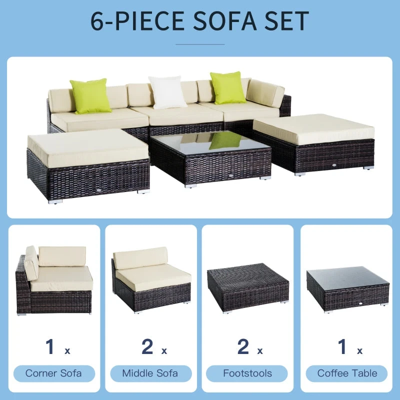 Outsunny 6 PC Rattan Sofa Coffee Table Set Sectional Wicker Weave Furniture For Garden Outdoor Conservatory W/ Pillow Cushion- Brown 5 Outsunny 6 PC Rattan Sofa Coffee Table Set Sectional Wicker Weave Furniture For Garden Outdoor Conservatory W/ Pillow Cushion- Brown - Image 5