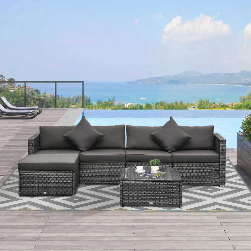 Outsunny 6 Pieces Outdoor Rattan Corner Sofa Set, Patio Aluminum Frame With All-weather Wicker Conversation Furniture W/ Coffee Table & Cushions, Mixed Grey 2 Outsunny 6 Pieces Outdoor Rattan Corner Sofa Set, Patio Aluminum Frame With All-weather Wicker Conversation Furniture W/ Coffee Table & Cushions, Mixed Grey - Image 2