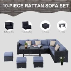 Outsunny 9-Seater Garden Rattan Furniture 10 Pcs Rattan Corner Dining Sofa Set, Grey/Dusty Blue Cushion 13 Outsunny 9-Seater Garden Rattan Furniture 10 Pcs Rattan Corner Dining Sofa Set, Grey/Dusty Blue Cushion -Home Furnishing Serie Shop ozna0917eecc28a4b