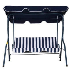 Outsunny 3 Seater Canopy Swing Chair Outdoor Garden Bench With Adjustable Canopy And Metal Frame - Blue Stripes