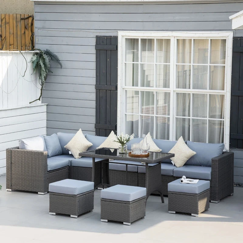 Outsunny 9-Seater Garden Rattan Furniture 10 Pcs Rattan Corner Dining Sofa Set, Grey/Dusty Blue Cushion 5 Outsunny 9-Seater Garden Rattan Furniture 10 Pcs Rattan Corner Dining Sofa Set, Grey/Dusty Blue Cushion - Image 5