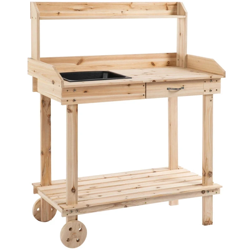 Outsunny Wooden Potting Bench Work Table With 2 Removable Wheels, Sink, Drawer & Large Storage Spaces, 92x45x119cm 1 Outsunny Wooden Potting Bench Work Table With 2 Removable Wheels, Sink, Drawer & Large Storage Spaces, 92x45x119cm