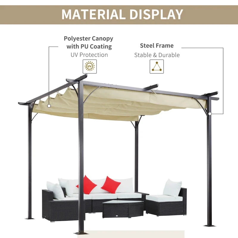 Outsunny Outdoor Metal Pergola With Retractable Awning Canopy 3x3m - Beige 4 Outsunny Outdoor Metal Pergola With Retractable Awning Canopy 3x3m - Beige - Image 4