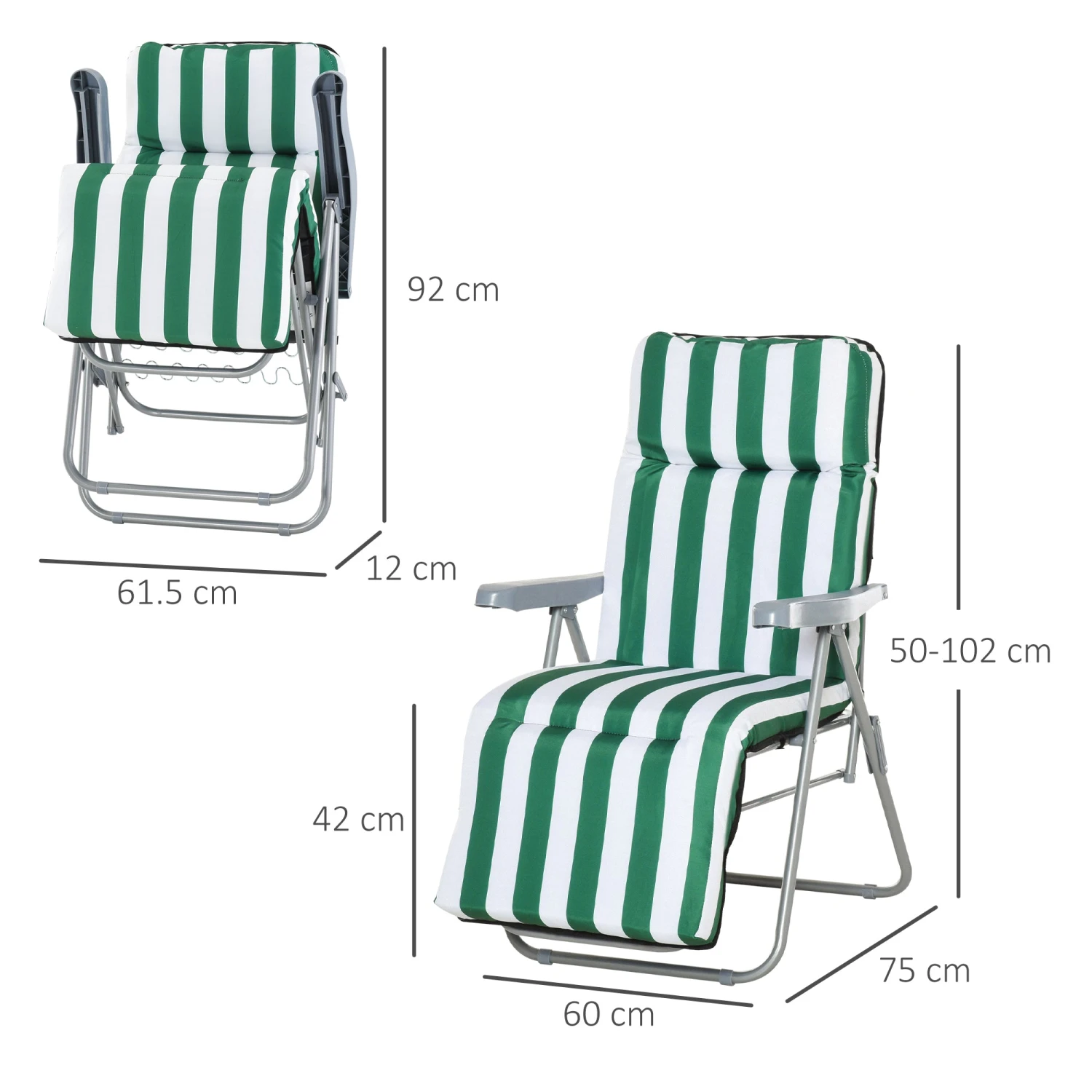 Outsunny Set Of 2 Garden Patio Outdoor Sun Recliners Loungers Folding Foldable Multi Position Relaxers Chairs With Cushions Fire Retardant Sponge (Green White) 3 Outsunny Set Of 2 Garden Patio Outdoor Sun Recliners Loungers Folding Foldable Multi Position Relaxers Chairs With Cushions Fire Retardant Sponge (Green White) - Image 3