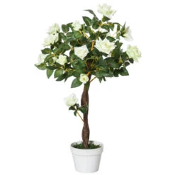 Outsunny Artificial Rose Tree And Planter For Indoor & Outdoor Use - White And Green