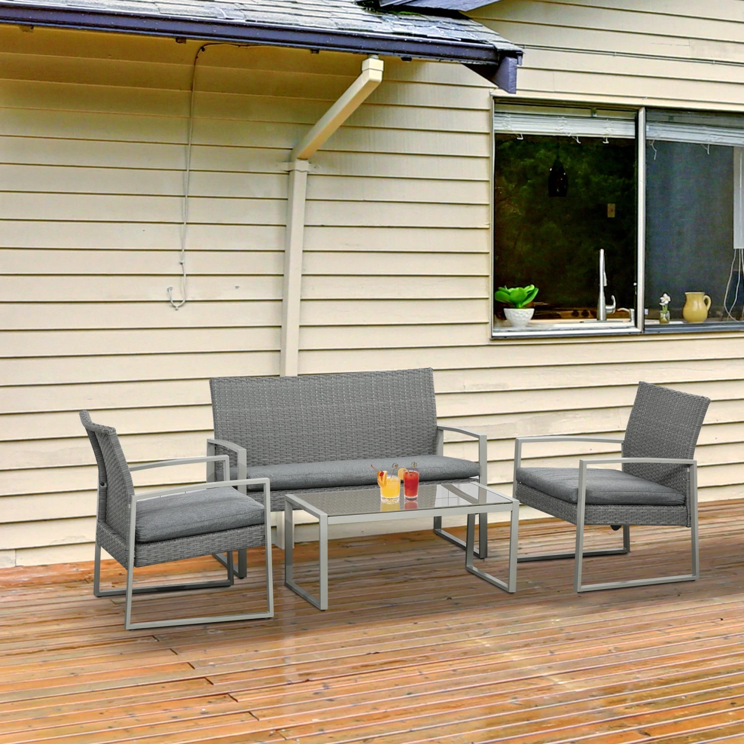 Outsunny-4 Piece Rattan Sofa Set - Grey 2 Outsunny-4 Piece Rattan Sofa Set - Grey - Image 2