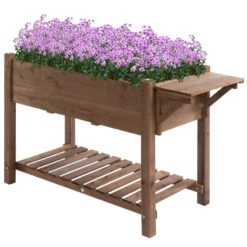 Outsunny Wooden Raised Garden Plant Stand Tall Flower Bed With Shelf 123 X 54 X 74cm